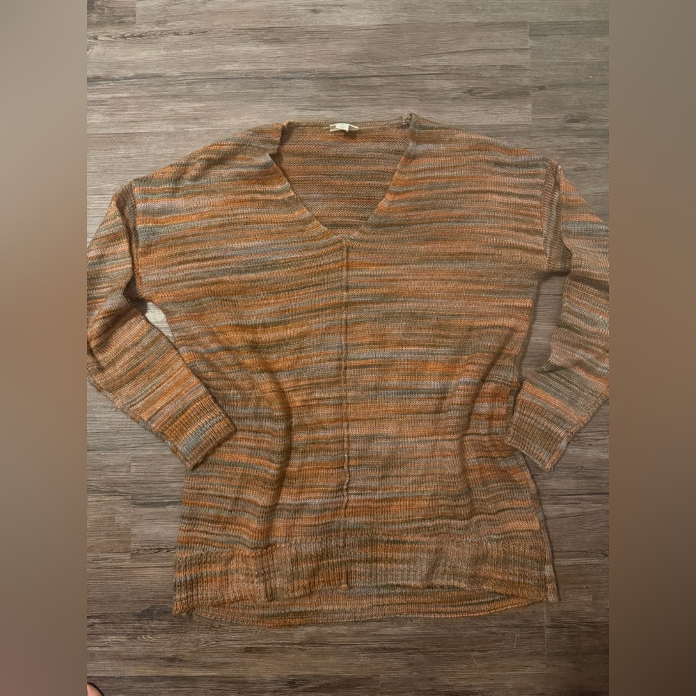 Striped V-Neck Sweater in Orange, Tan, and Gray